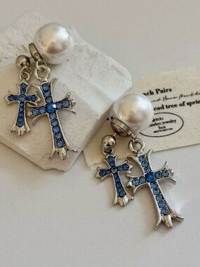 MOS Collection Blue Crystal Cross Pearl Drop Earrings Silver Gothic Coquette